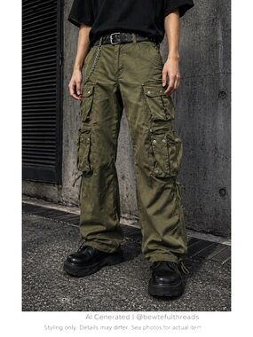 Y2K Techwear Cargo Pants Olive Utility Streetwear Wide Leg 28